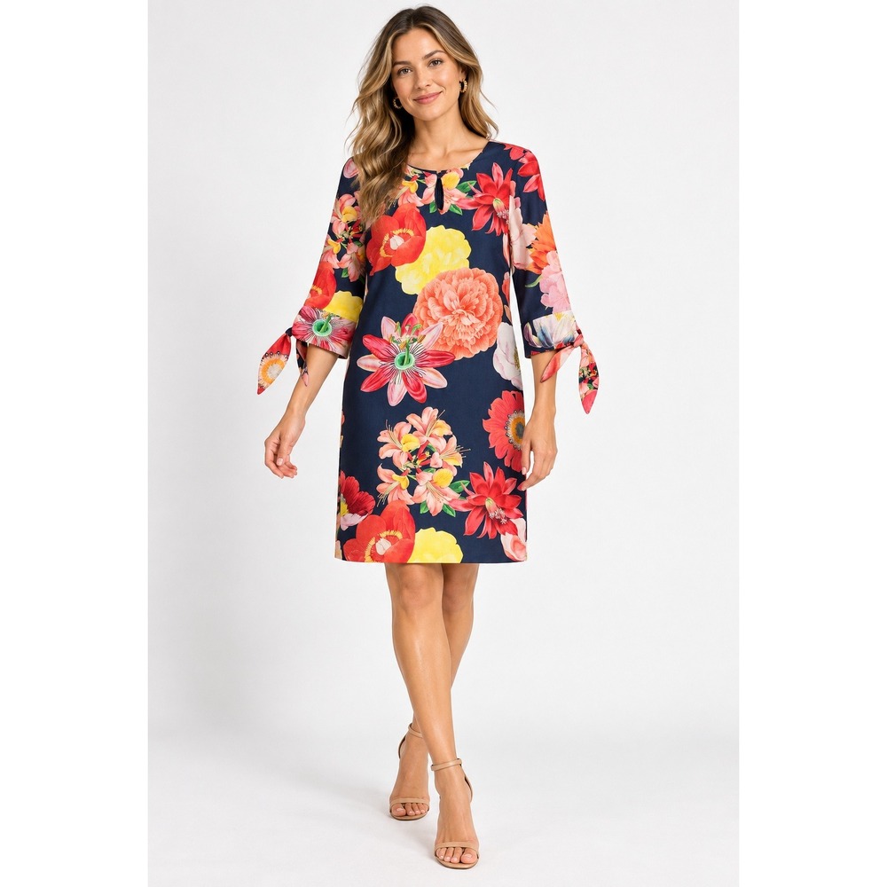 Vilagallo Womens Floral Cotton Shift Dress Size 38 US 4 Tie Sleeve Keyhole Navy